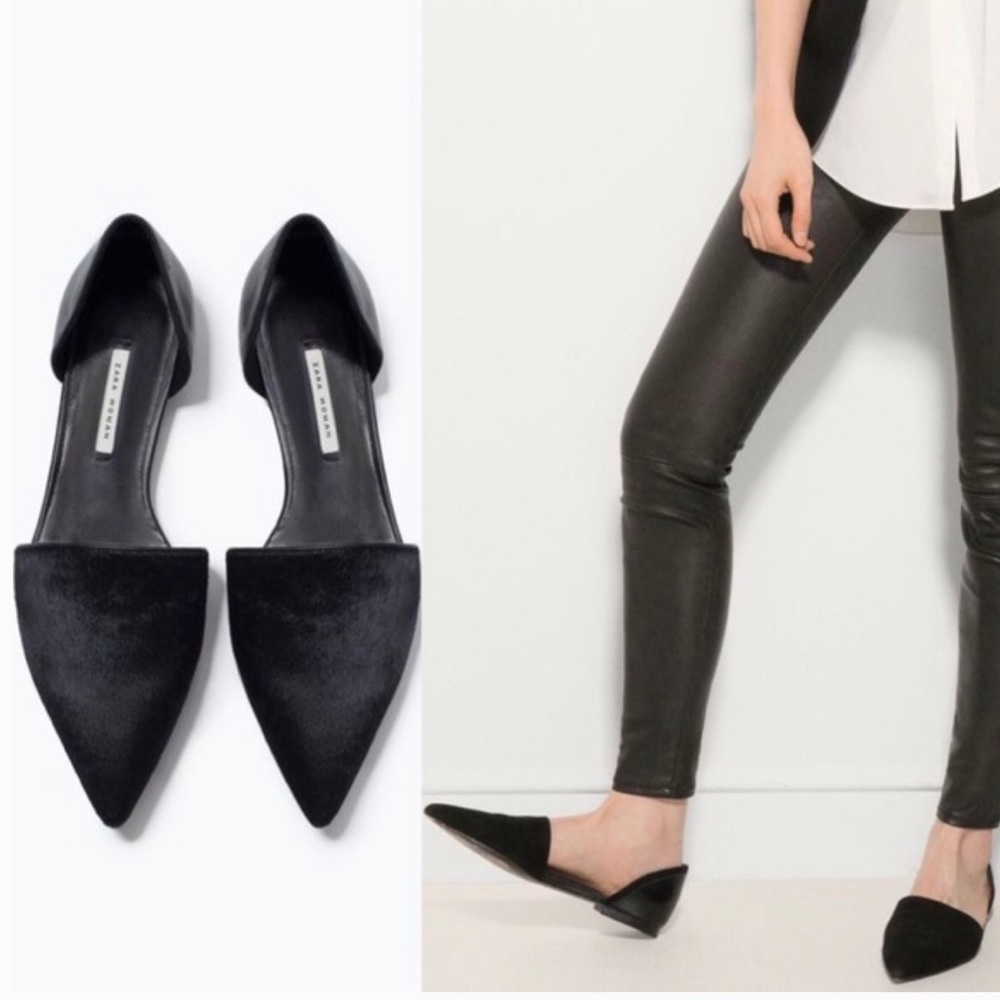 Zara Black Cow Fur Hair D'Orsay Flats